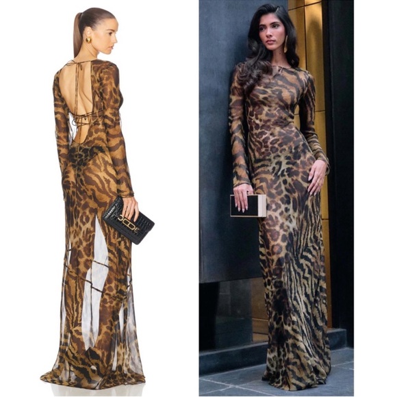 RETROFETE Vienna Silk Sheer Long Sleeve Open Back Animal Print Maxi Dress Sz S - Picture 3 of 9